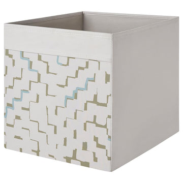 DRÖNA Beige & Turquoise Patterned Fabric Storage Box – Collapsible Cube Organizer Bin 13x15x13 for Shelving Units, Toys, Clothes, Home Storage