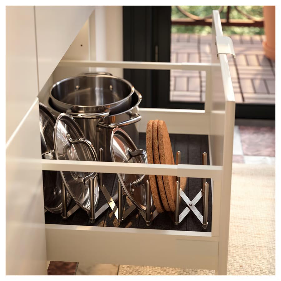 Pot Lid Organizer Stainless Steel, Adjustable Kitchen Lid Holder Rack, Pot Lid Storage Organizer for Cabinet, Drawer & Countertop, Space Saving Kitchen Organizer for Lids & Cookware
