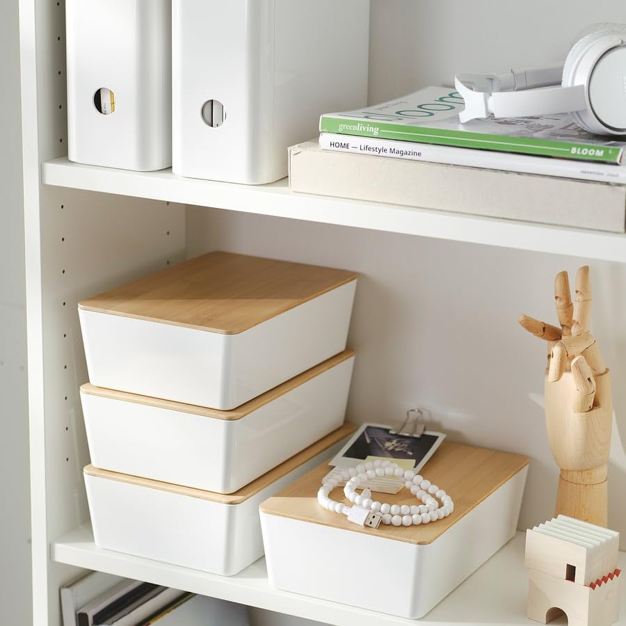 KUGGIS Storage Box with Lid – White/Bamboo Organizer 7x10 ¼x3 ¼ – Stackable Container for Home, Office & Shelf Storage