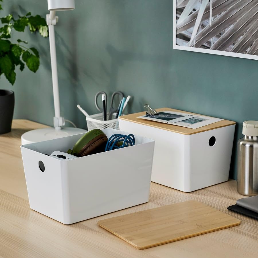 KUGGIS Storage Box with Lid White/Bamboo – 7x10 ¼x6 | Stackable Organizer for Desk Accessories, Makeup, Gadgets & Small Items | Fits BILLY Units | Durable Recycled Plastic
