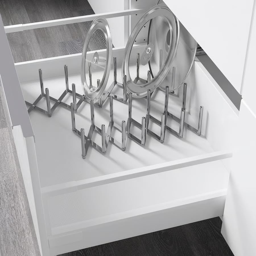 Pot Lid Organizer Stainless Steel, Adjustable Kitchen Lid Holder Rack, Pot Lid Storage Organizer for Cabinet, Drawer & Countertop, Space Saving Kitchen Organizer for Lids & Cookware