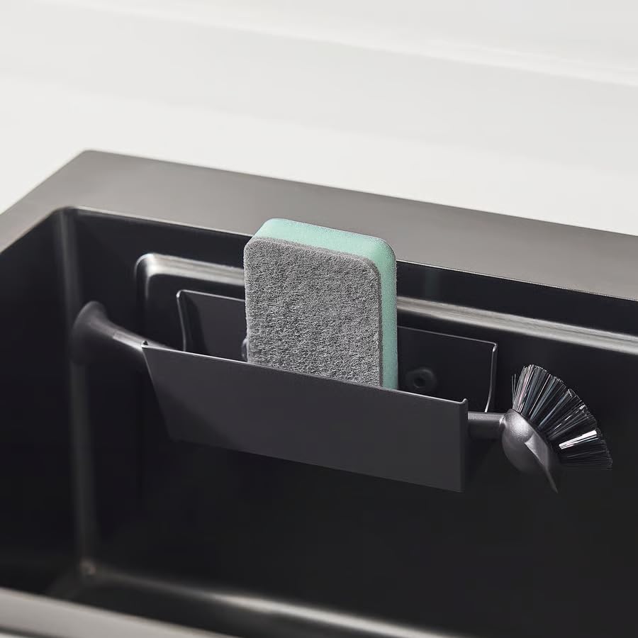 Kitchen Sink Organizer Caddy, Sponge & Dish Brush Holder, Bathroom Countertop Storage Container for Soap, Cleaning Tools & Accessories, Space-Saving Sink Storage Rack, Black