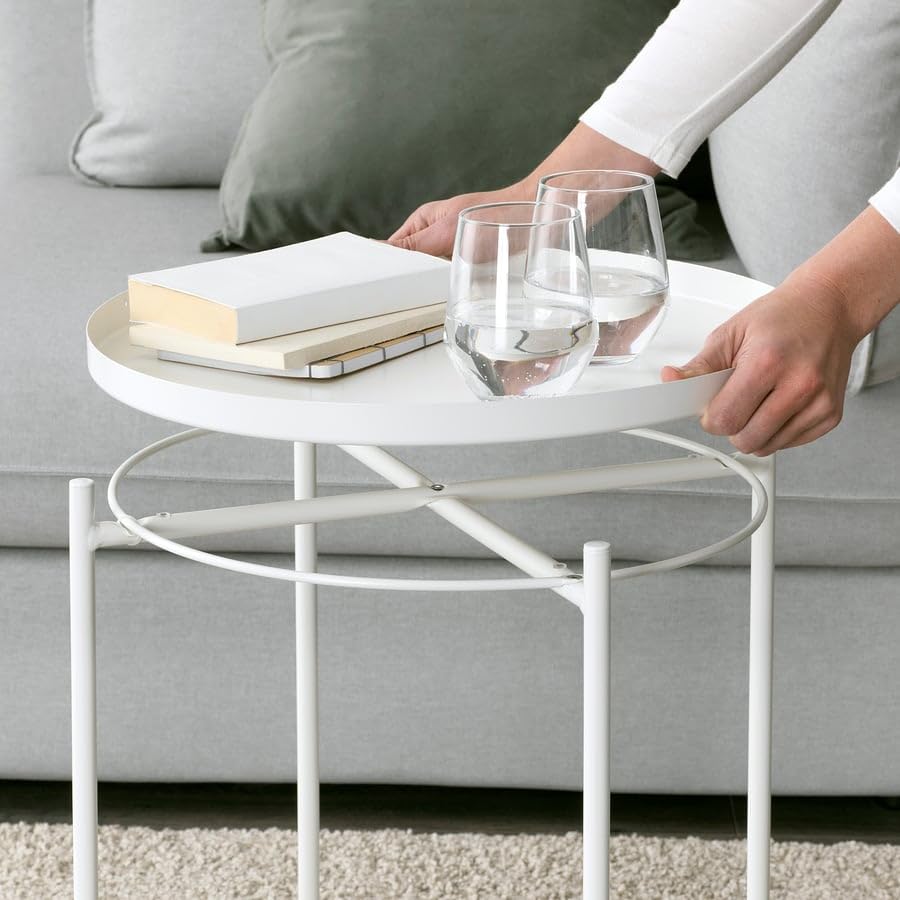 GLADOM Tray Table – White Metal Side Table with Removable Tray, 17.5 x 20.6 Inch Round End Table for Living Room, Bedroom & Small Spaces