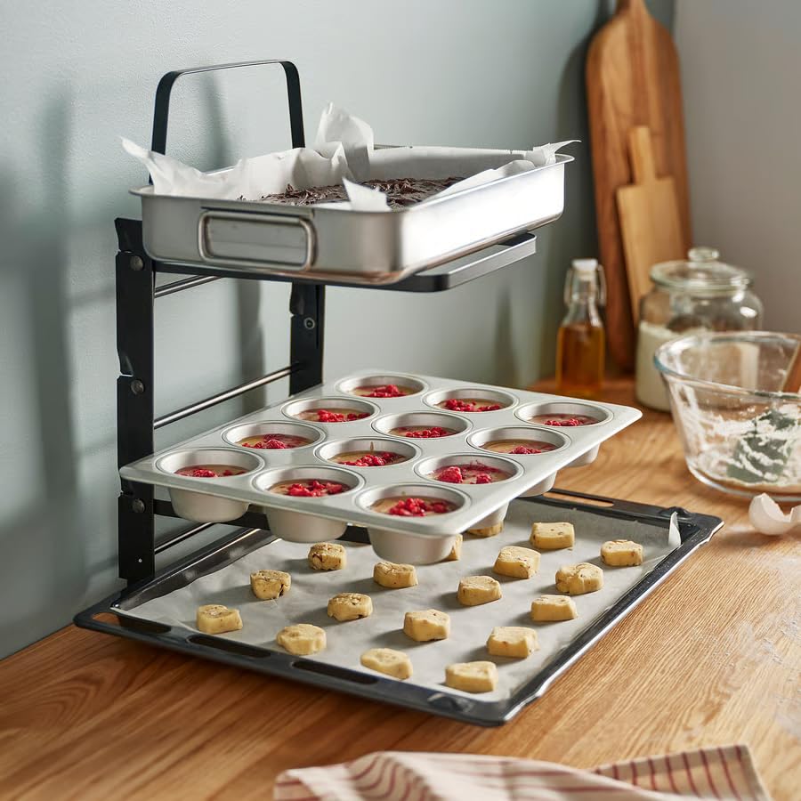 Foldable Baking Sheet Rack – Heavy Duty Cooling & Baking Rack for Cookies, Cakes & Bread – Space Saving Collapsible Oven Tray Rack – Black 10¾x10¼x13”