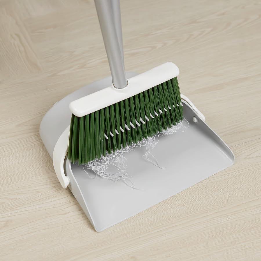 Dustpan and Broom Set with Long Handle – Upright Standing Broom and Dustpan Set for Home, Kitchen, Office Cleaning, Compact Storage Design