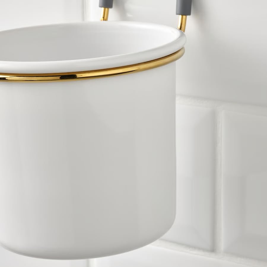 Kitchen Storage Container – White & Brass Polished Metal Organizer Canister, Countertop StorageContainer for Kitchen, Pantry & Bathroom, Modern Decorative Storage Holder 5.5 x 6.25 Inch