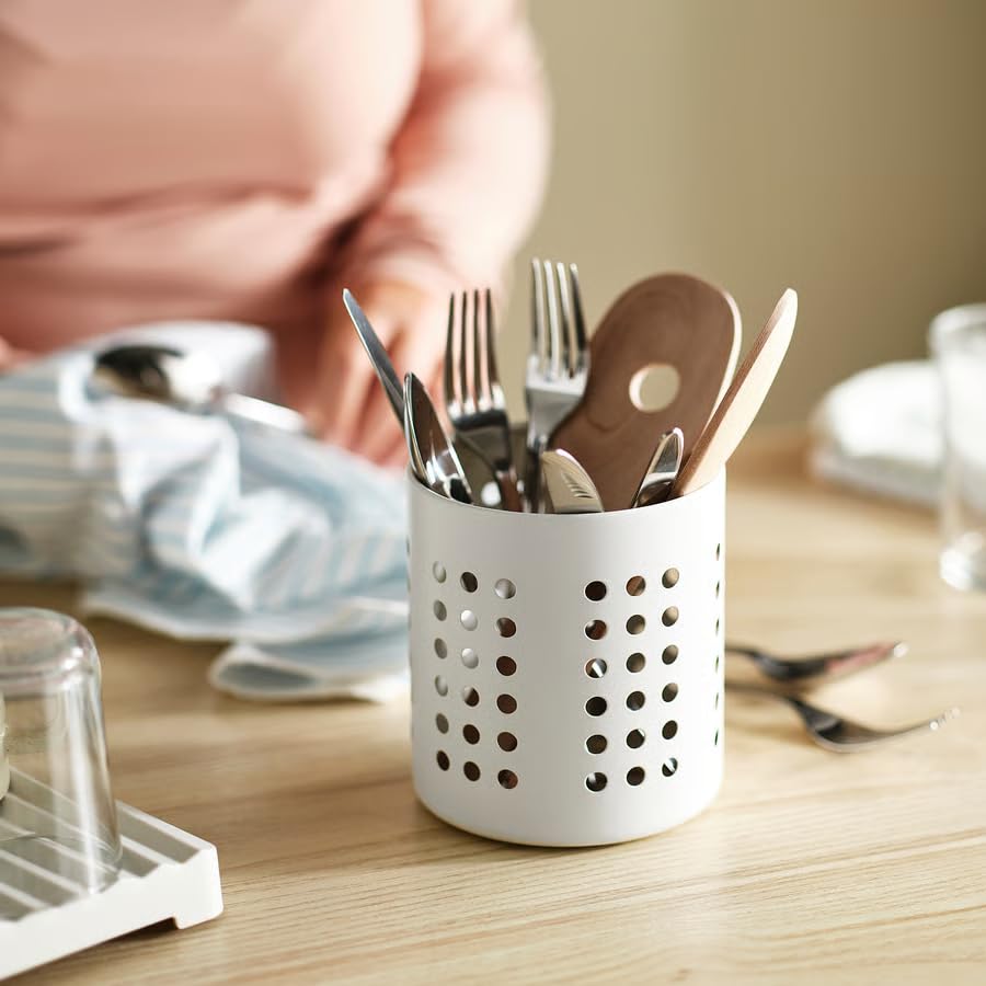 White Utensil Holder Kitchen Cutlery Organizer 5.38 Inch – Countertop Flatware Storage Rack for Spoons, Forks & Knives | Modern Kitchen Sink Organizer for Drying Wet Utensils & Storage