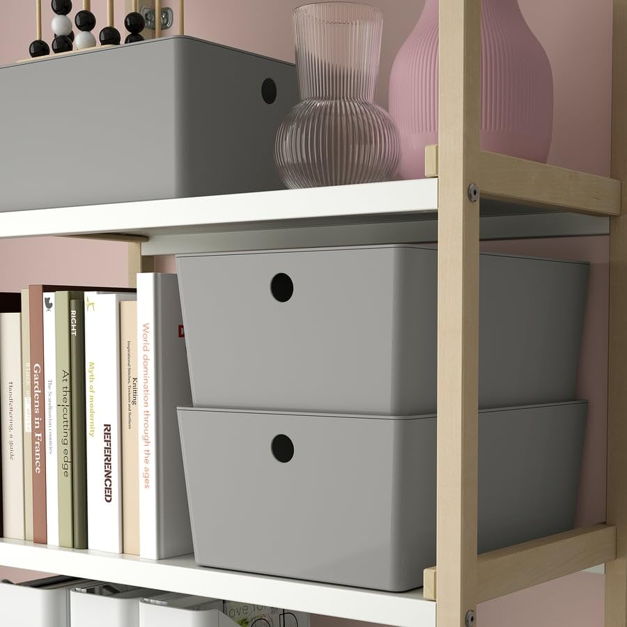 KUGGIS Storage Box with Lid – Light Gray Plastic Organizer 10 ¼x13 ¾x6 – Stackable Container for Home, Office & Shelf Storage