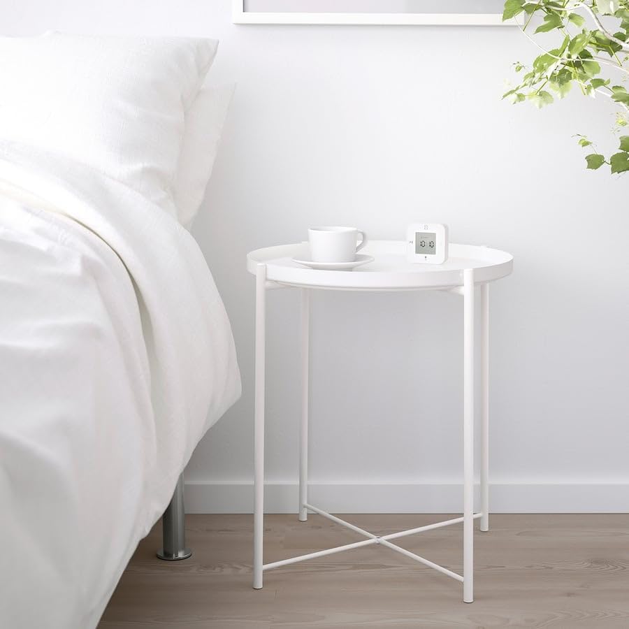 GLADOM Tray Table – White Metal Side Table with Removable Tray, 17.5 x 20.6 Inch Round End Table for Living Room, Bedroom & Small Spaces